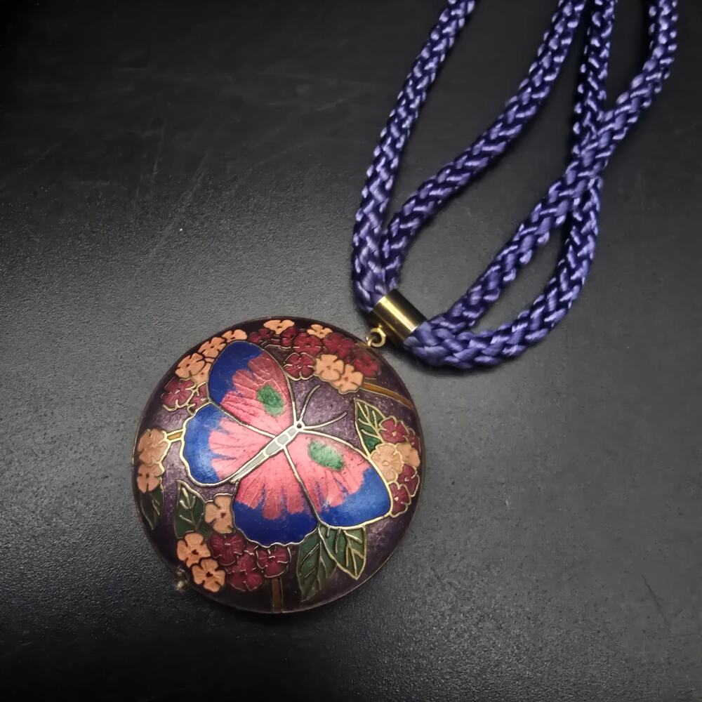 Cloisonne Butterfly Pendant Necklace Enamel Blue Cord Vintage Jewelry